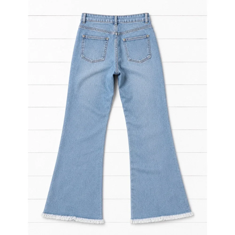 Urban Bliss Womens High Rise Wide Leg Jeans Light Wash Raw Fray Hem Blue Size 8